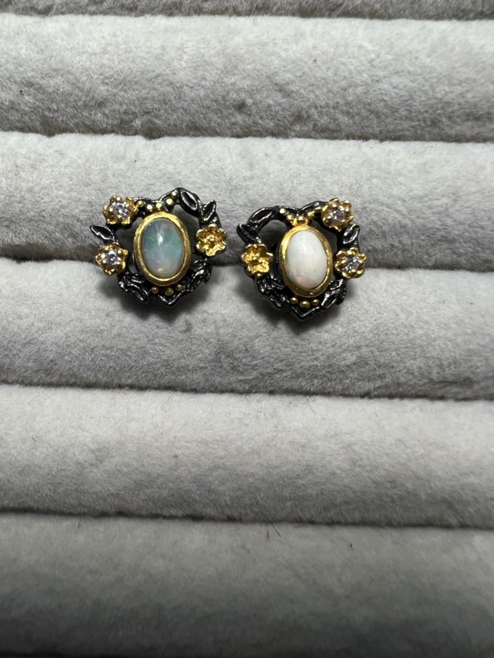 Opal Floral Heart Stud Earrings in Gold and Rhodium
